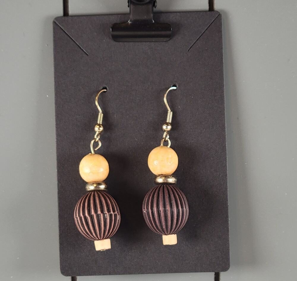 Brown and Tan Bead Dangle Earrings Hook Wire Lightweight Fashion Jewelry Boho